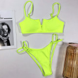 Solid  Ribbed V-Bar Bikini Set