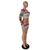 Striped Colorful Long Sleeve Knitted Hollow Out Sexy Dress