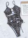 Leopard Print Cutout Lace Up One Piece Swimsuit