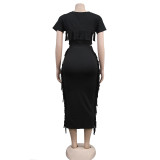 Solid Tassel O-Neck Short Sleeve Crop Top and Long Skirt 2PCS Set