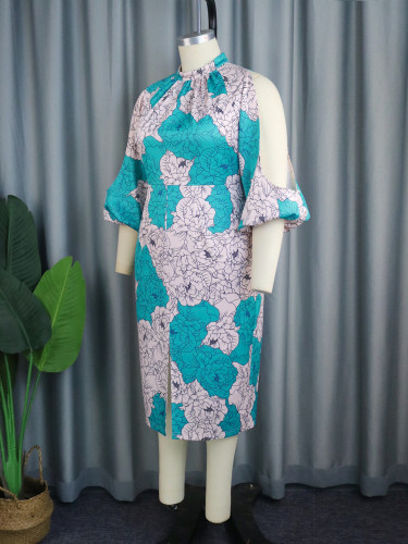 Printed Stand Collar Cutout Sleeve Slit Midi Dress