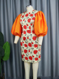 Floral Print Balloon Sleeves Contrast Bodycon Midi Dress