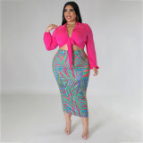 Plus Size Tie Front Long Sleeve Top Bodycon Skirt Two-Piece Set