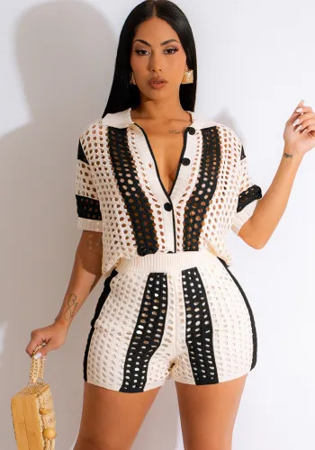 Womens Hollow Out Turndown Collar Short Sleeve Knitting Shorts Set
