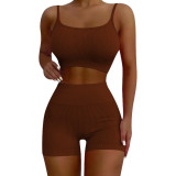 Sports Solid Casual Cropped Cami Top + Shorts Ribbed 2-Piece Set