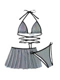 Three Piece Swimwear Shiny Sexy Bikini Set with Skirt Cover Up