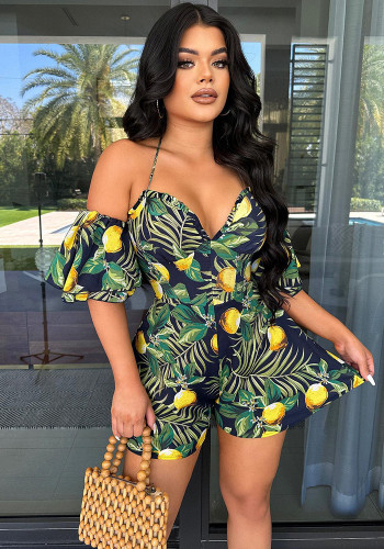 Tropical Floral Ruffles Straps Print Sexy Romper