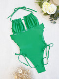 Green Lace Up Low Back Halter Hollow Out One Piece Swimsuit