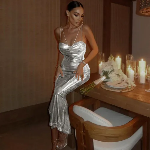 Sexy Silver Metallic Backless Ruched Long Dress
