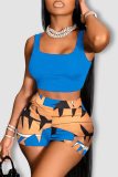 Holiday Two Piece Shorts Set Solid Tank Crop Top and Print Shorts