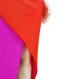 Plus Size Ribbed Contrast Color Slash Shoulder Zip Slit Midi Dress