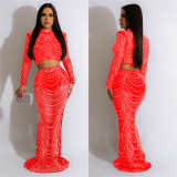 Trendy Long Sleeve Rhinestone Mesh Crop Top Long Skirt 2PCS Set