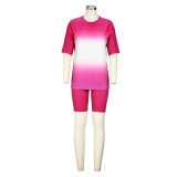 Gradient Hot Pink Print Short Sleeve Casual T-Shirt Shorts 2PCS Set