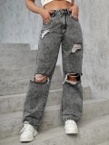 Dark Gray Fashion Jeans Ripped Denim Pants