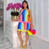 Rainbow Striped Trendy Halter Sleeveless Casual Dress