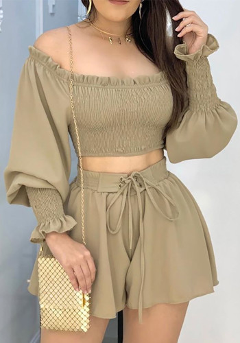 Coffee Shirred Lace-Up Crop Top and Shorts Set