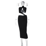 Black Halter Cutout Slim Midi Dress for Women