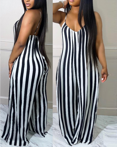 Striped Wide Leg Casual Straps Jumpsuit with Pockets