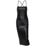 Black Sexy Cami Backless PU Leather Midi Dress
