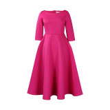 Solid Color 3/4 Sleeve A-Line Midi Dress without Belt