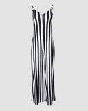 Striped Wide Leg Casual Straps Jumpsuit with Pockets