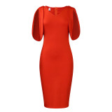 Solid V-Neck Chic Elegant Bodycon Midi Dress Office Dress