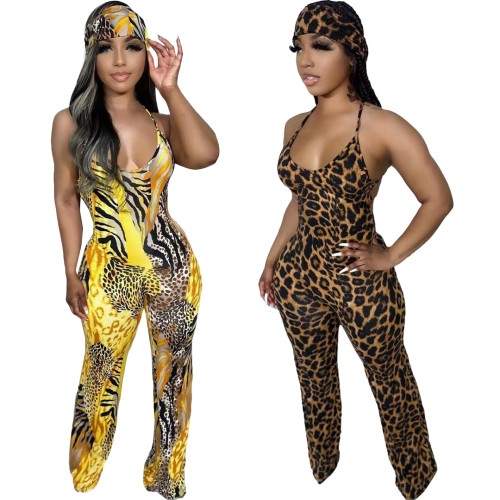 Leopard Print Cami Backless Straight Leg Jumpsuit with Headscarf
