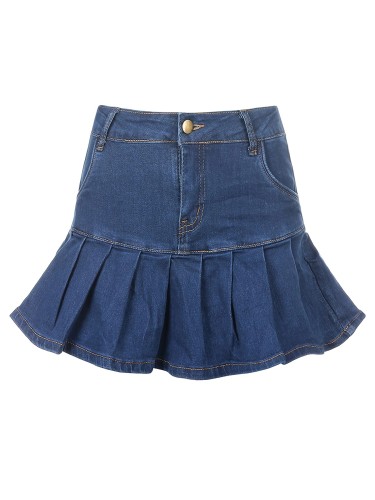 Ladies Mini Pleated Dark Blue Denim Skirt