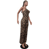 Leopard Print Cami Backless Straight Leg Jumpsuit with Headscarf