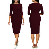 Sexy 3/4 Sleeve Solid Ruffles Office Dress