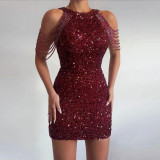 Sexy Halter Sequin Tassel Party Mini Dress