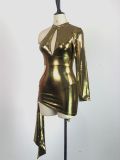 Sexy Shiny Irregular Cutout Waist Single Sleeve Bodycon Dress