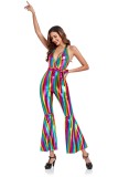 Hipster Cosplay Striped Sleeveless Shiny Bell Bottom Jumpsuit with Belt