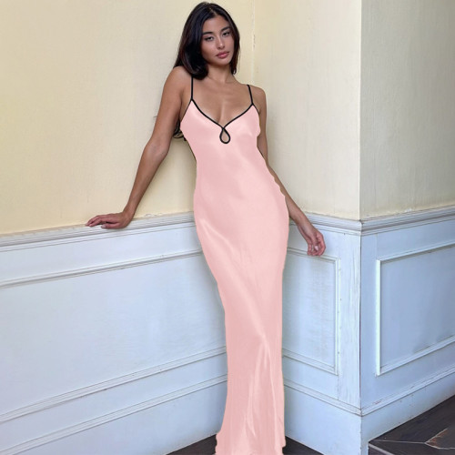 Sexy Solid Cami Backless Contrast Piping Long Dress