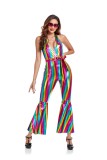 Hipster Cosplay Striped Sleeveless Shiny Bell Bottom Jumpsuit with Belt