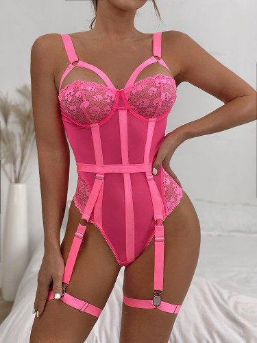Hot Pink Lace Mesh High Cut Teddy Lingerie