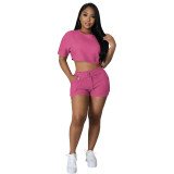 Casual 2PCS Set Solid Short Sleeve Crop Top + Drawstring Shorts