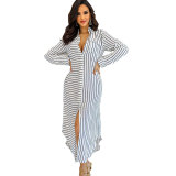 Striped Print Long Sleeve Loose Long Shirt Dress