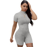 Sexy Pure Color Short Sleeve Zipper Mock Neck Sports Workout Rompers