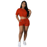 Casual 2PCS Set Solid Short Sleeve Crop Top + Drawstring Shorts