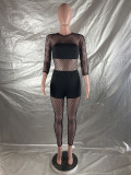 Mesh Patchwork 2PCS Set Sexy See Through Long Sleeve Top and Pants