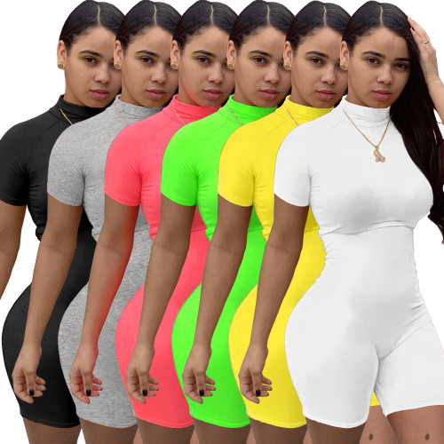 Sexy Pure Color Short Sleeve Zipper Mock Neck Sports Workout Rompers