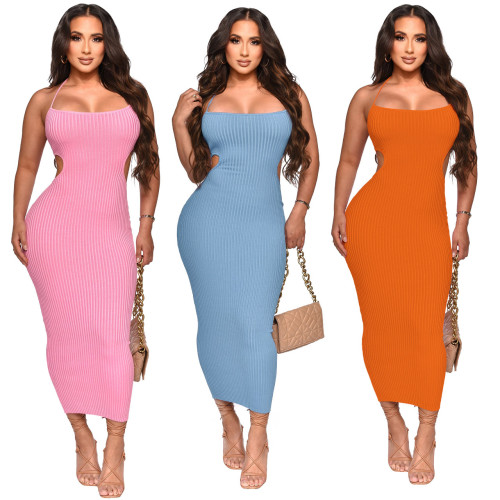 Sexy Halter Cutout Low Back Ribbed Bodycon Long Dress