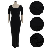 Solid Ribbed Half Sleeve Square Neck Slim Fit Long Dress