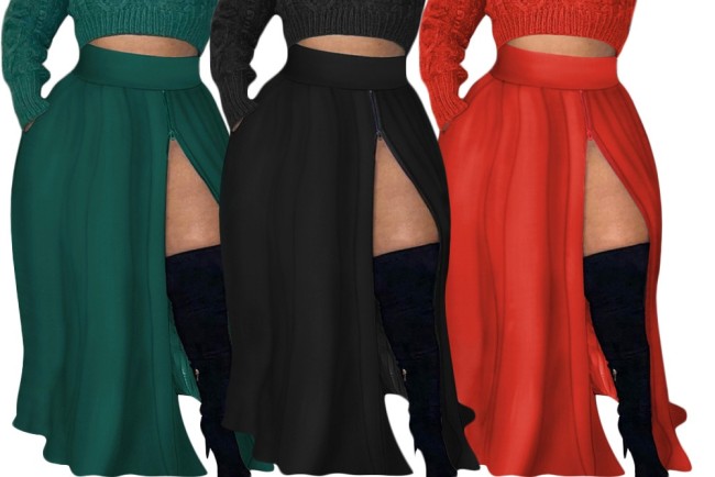 Plus Size Solid Zipper Slit Elastic Waist Casual Long Skirt