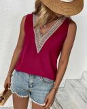 Solid V-Neck Lace Patchwork Sleeveless Top