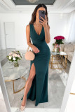 Solid V-Neck Ruched Sleeveless Slit Maxi Dress