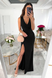 Solid V-Neck Ruched Sleeveless Slit Maxi Dress