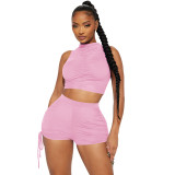 Casual Ruched Drawstring Solid Sleeveless Two-Piece Shorts Set