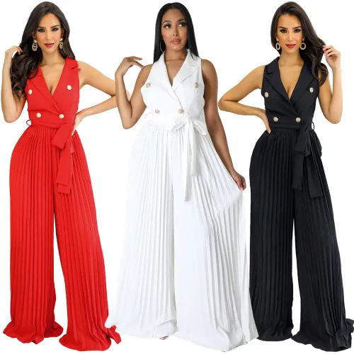 Solid V-neck Sleeveless Slit Back Pleated Wide Leg Career Jumpsuit